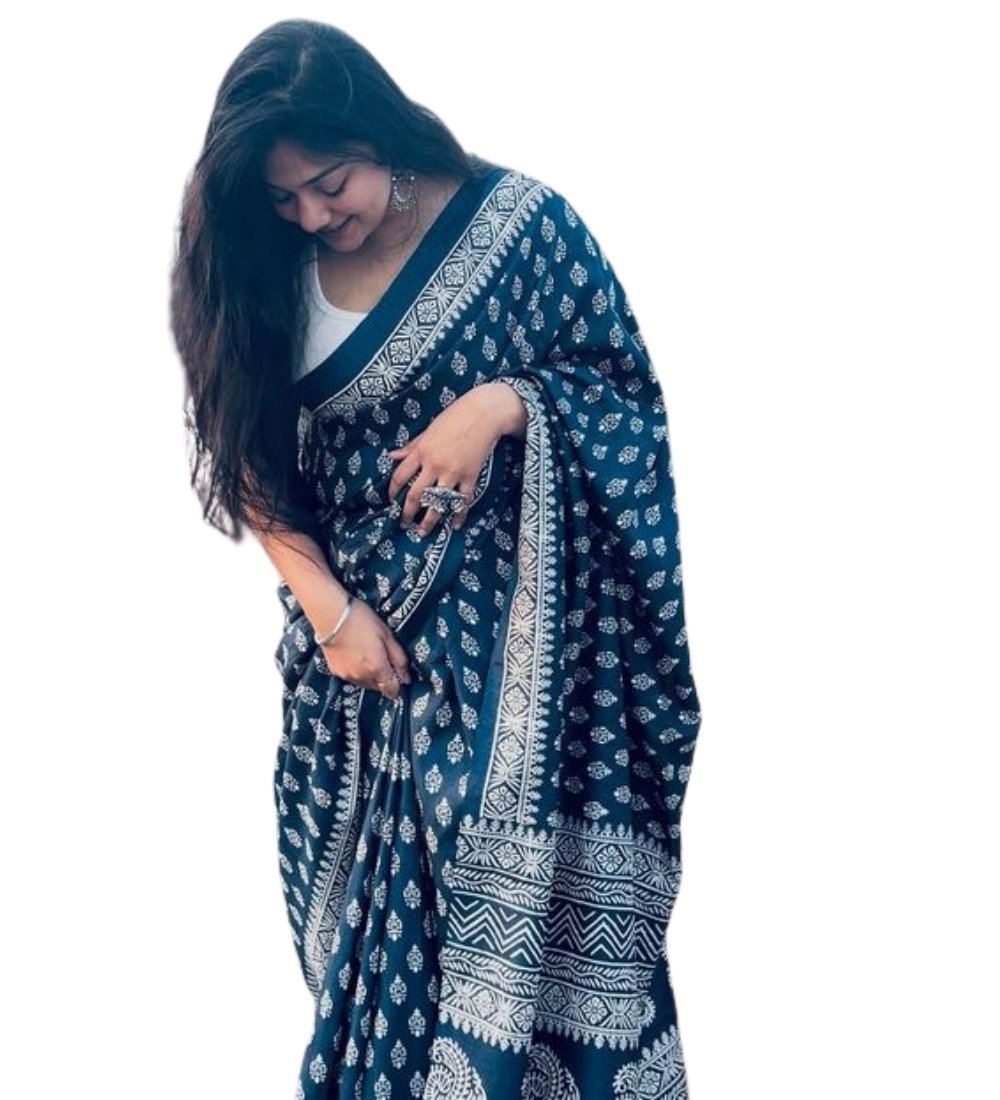 Generic Women's Linen Printed Saree With Unstitched Blouse - 5.5 Mtr (Navy Blue) - Image 2