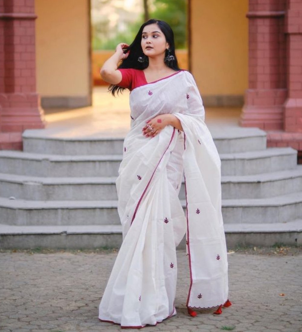 Generic Women's Linen Embroidered Saree With Unstitched Blouse - 5.5 Mtr (White-Red)