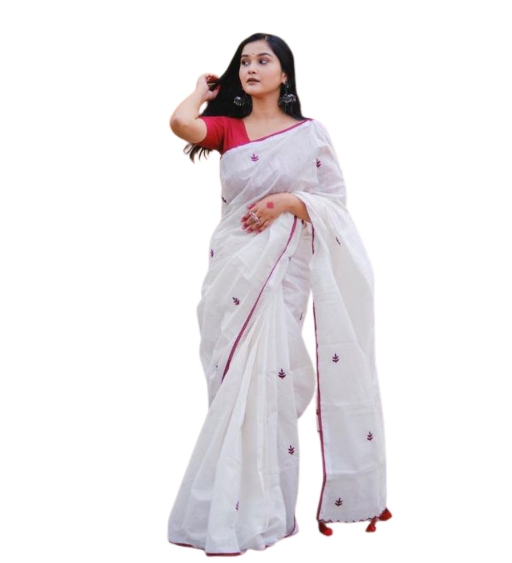 Generic Women's Linen Embroidered Saree With Unstitched Blouse - 5.5 Mtr (White-Red) - Image 2