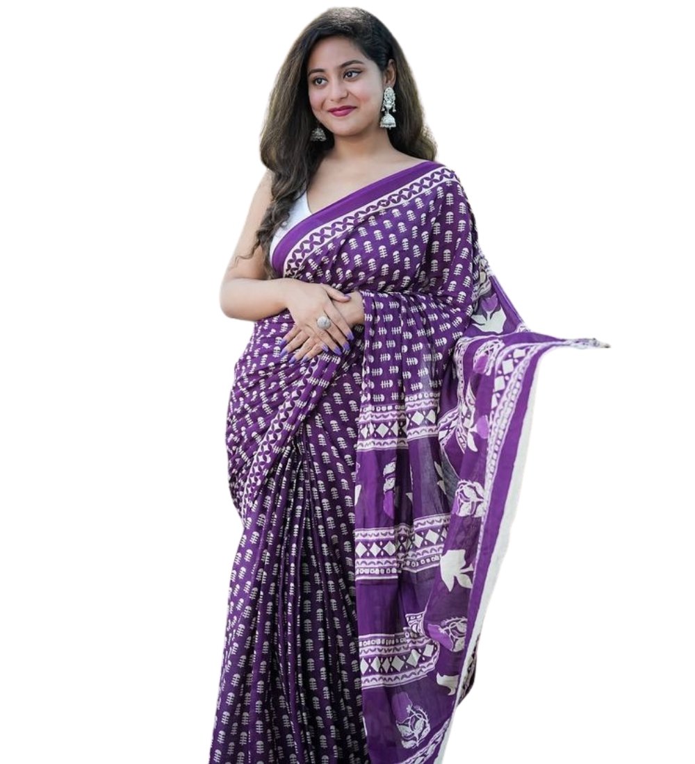 Generic Women's Linen Printed Saree With Unstitched Blouse - 5.5 Mtr (Purple) - Image 2