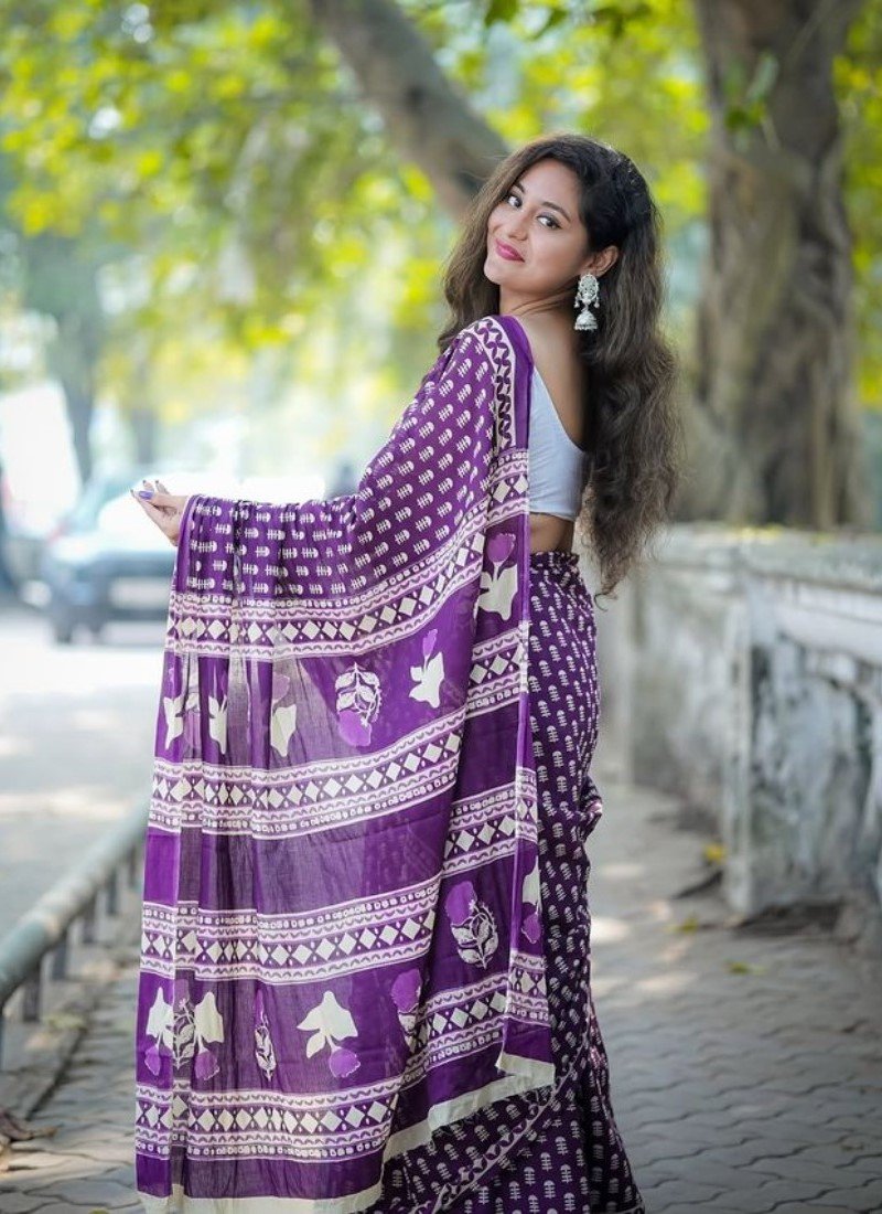 Generic Women's Linen Printed Saree With Unstitched Blouse - 5.5 Mtr (Purple) - Image 3