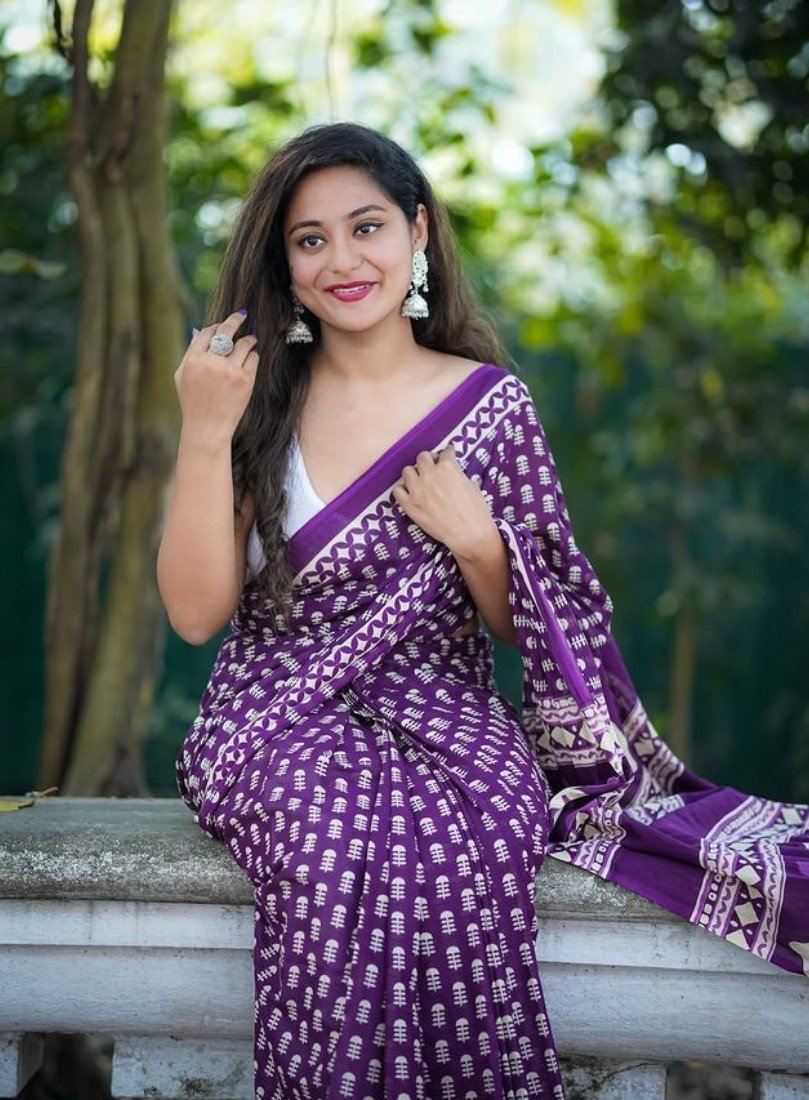 Generic Women's Linen Printed Saree With Unstitched Blouse - 5.5 Mtr (Purple) - Image 5