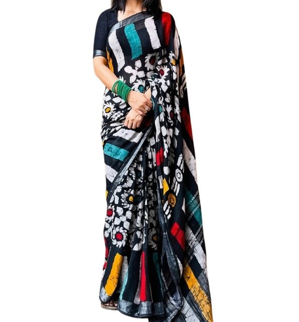 Generic Women's Linen Floral Printed Saree With Unstitched Blouse - 5.5 Mtr (Multicolor) - Image 2