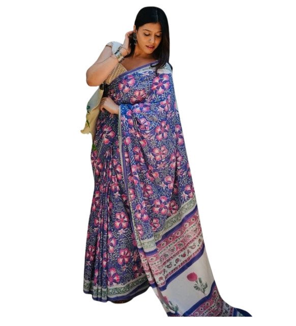 Generic Women's Linen Floral Printed Saree With Unstitched Blouse - 5.5 Mtr (Multicolor) - Image 2