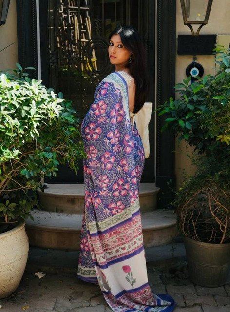 Generic Women's Linen Floral Printed Saree With Unstitched Blouse - 5.5 Mtr (Multicolor) - Image 3