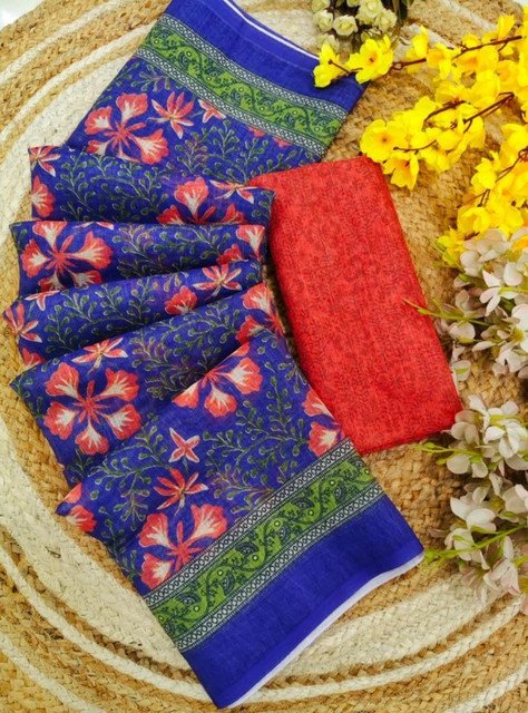 Generic Women's Linen Floral Printed Saree With Unstitched Blouse - 5.5 Mtr (Multicolor) - Image 4