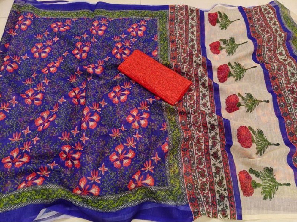 Generic Women's Linen Floral Printed Saree With Unstitched Blouse - 5.5 Mtr (Multicolor) - Image 5
