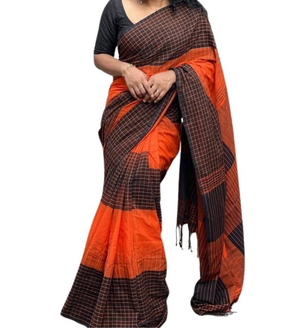 Generic Women's Linen Checkered Saree With Unstitched Blouse - 5.5 Mtr (Orange-Black) - Image 2