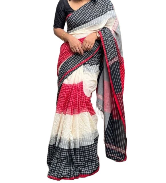 Generic Women's Linen Checkered Saree With Unstitched Blouse - 5.5 Mtr (Multicolor) - Image 2
