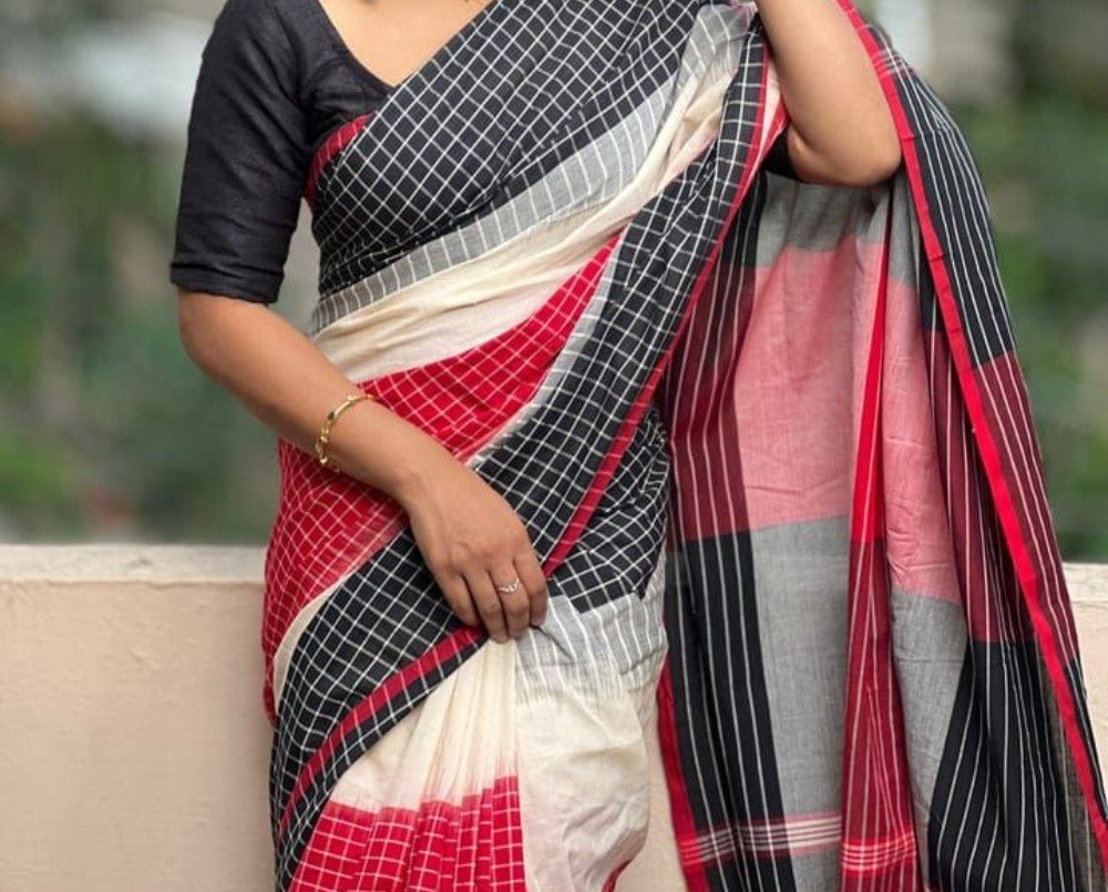 Generic Women's Linen Checkered Saree With Unstitched Blouse - 5.5 Mtr (Multicolor) - Image 3