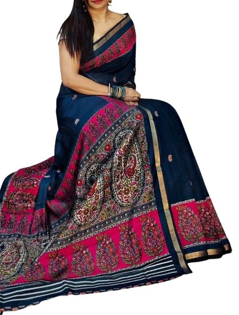 Generic Women's Linen Kalamkari Printed Saree With Unstitched Blouse - 5.5 Mtr (Navy Blue- Pink) - Image 2