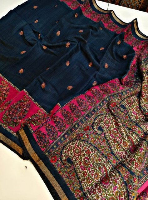 Generic Women's Linen Kalamkari Printed Saree With Unstitched Blouse - 5.5 Mtr (Navy Blue- Pink) - Image 3