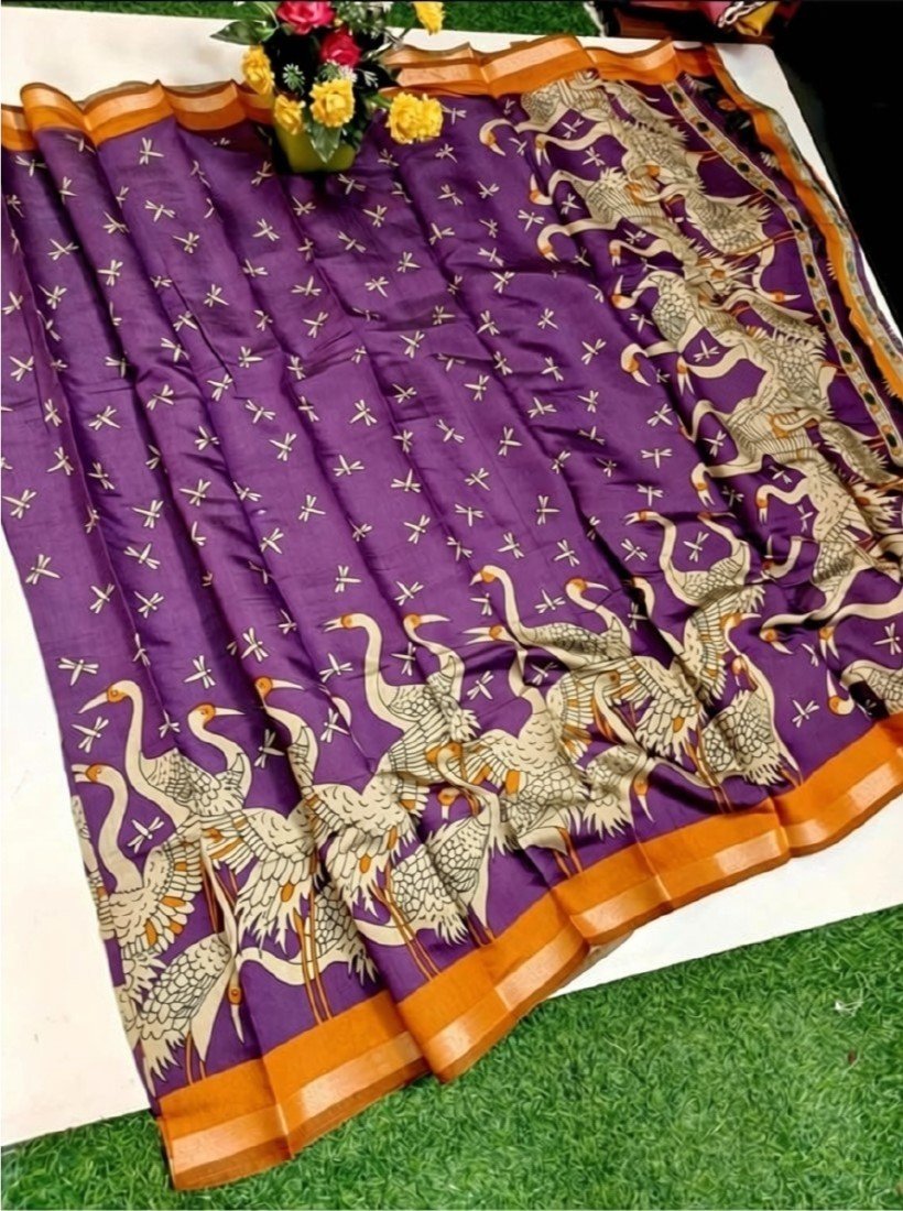 Generic Women's Linen Kalamkari Printed Saree With Unstitched Blouse - 5.5 Mtr (Purple-Orange)