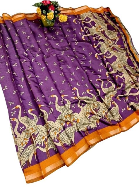 Generic Women's Linen Kalamkari Printed Saree With Unstitched Blouse - 5.5 Mtr (Purple-Orange) - Image 2