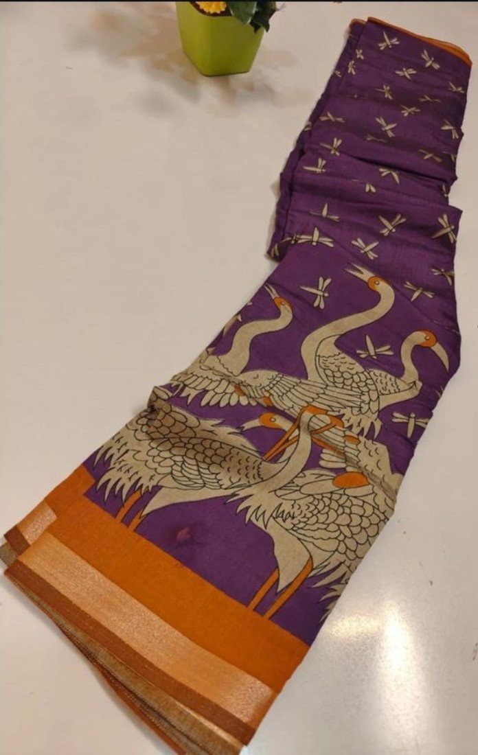 Generic Women's Linen Kalamkari Printed Saree With Unstitched Blouse - 5.5 Mtr (Purple-Orange) - Image 3