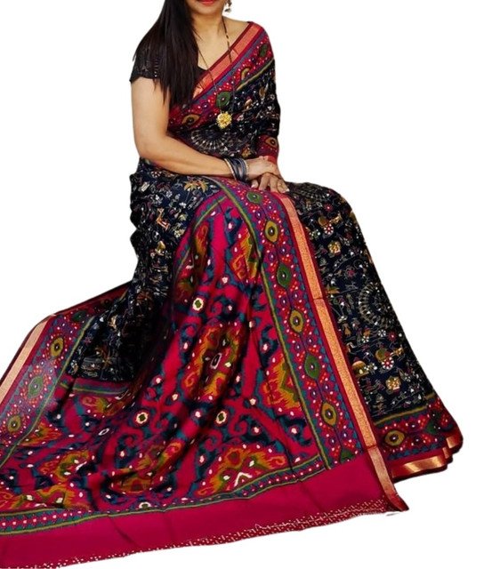 Generic Women's Linen Printed Saree With Unstitched Blouse - 5.5 Mtr (Black-Pink) - Image 2