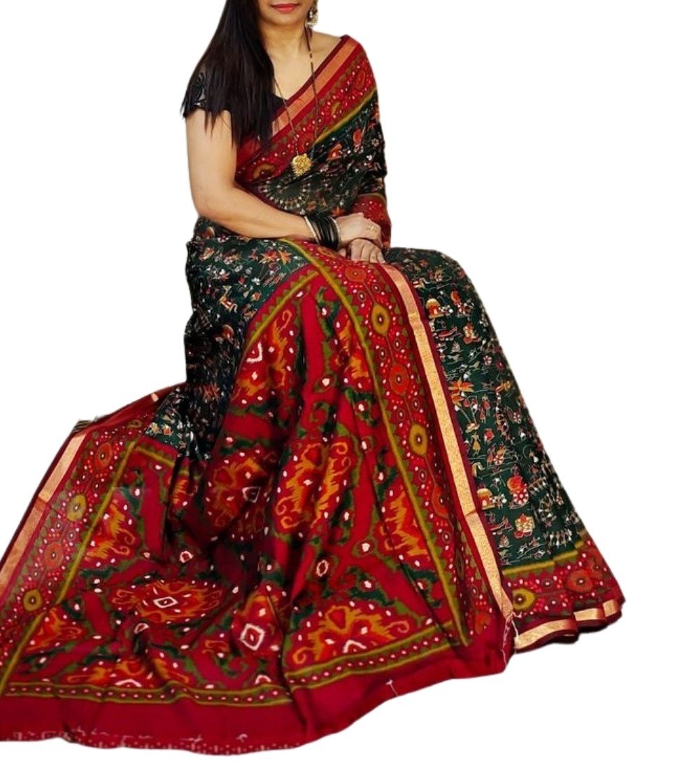 Generic Women's Linen Printed Saree With Unstitched Blouse - 5.5 Mtr (Green-Red) - Image 2