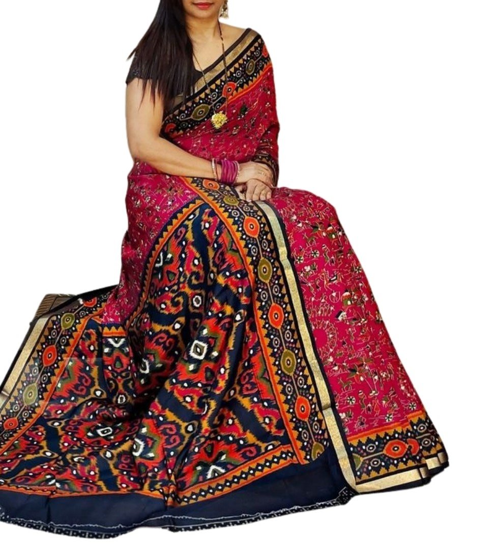 Generic Women's Linen Printed Saree With Unstitched Blouse - 5.5 Mtr (Pink-Navy Blue) - Image 2