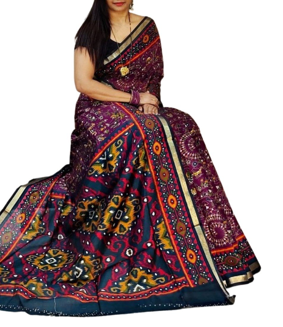 Generic Women's Linen Printed Saree With Unstitched Blouse - 5.5 Mtr (Purple-Navy Blue) - Image 2