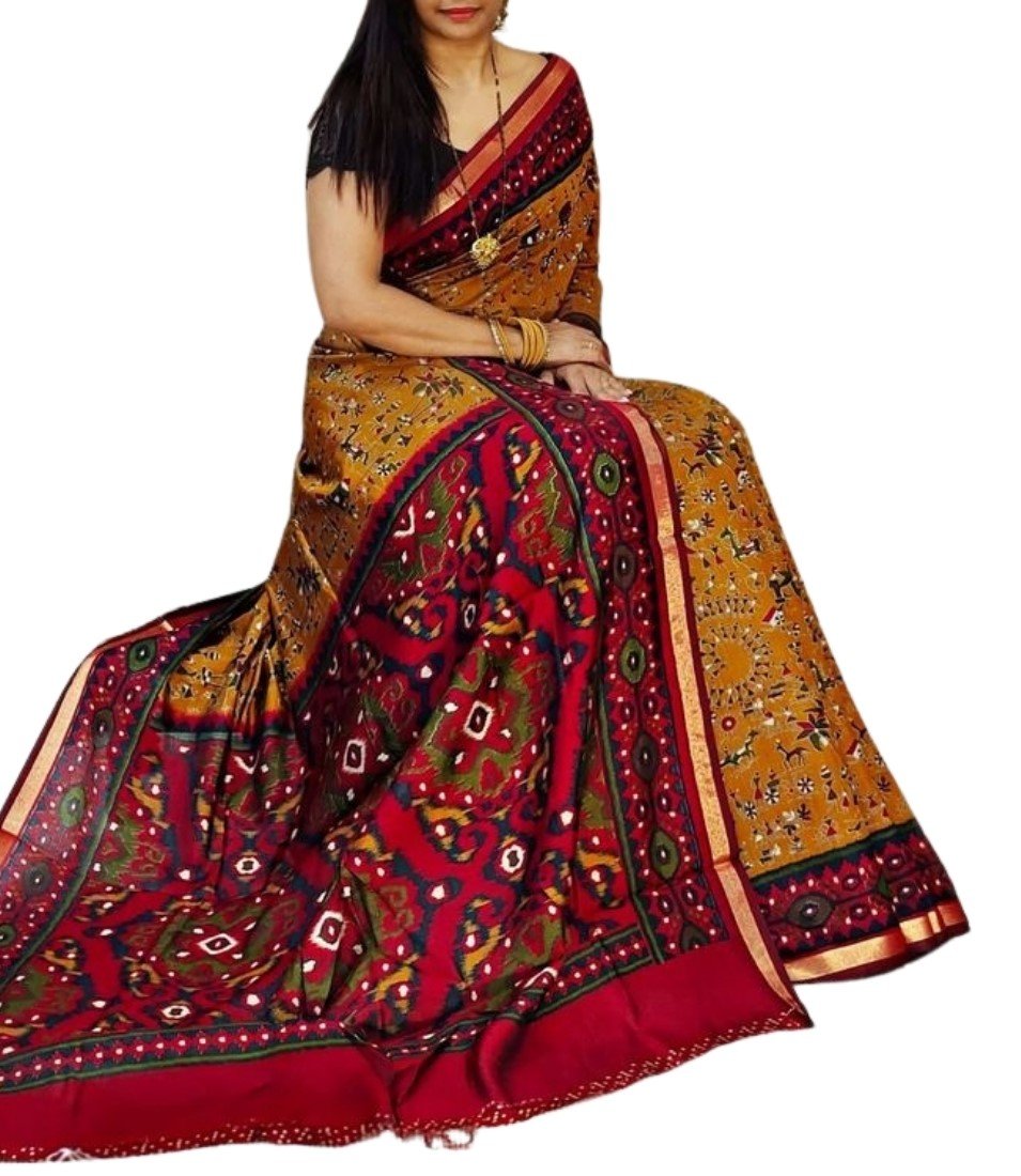 Generic Women's Linen Printed Saree With Unstitched Blouse - 5.5 Mtr (Mustard Yellow-Red) - Image 2