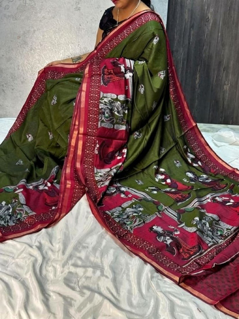 Generic Women's Linen Kalamkari Printed Saree With Unstitched Blouse - 5.5 Mtr (Olive Green-Maroon)