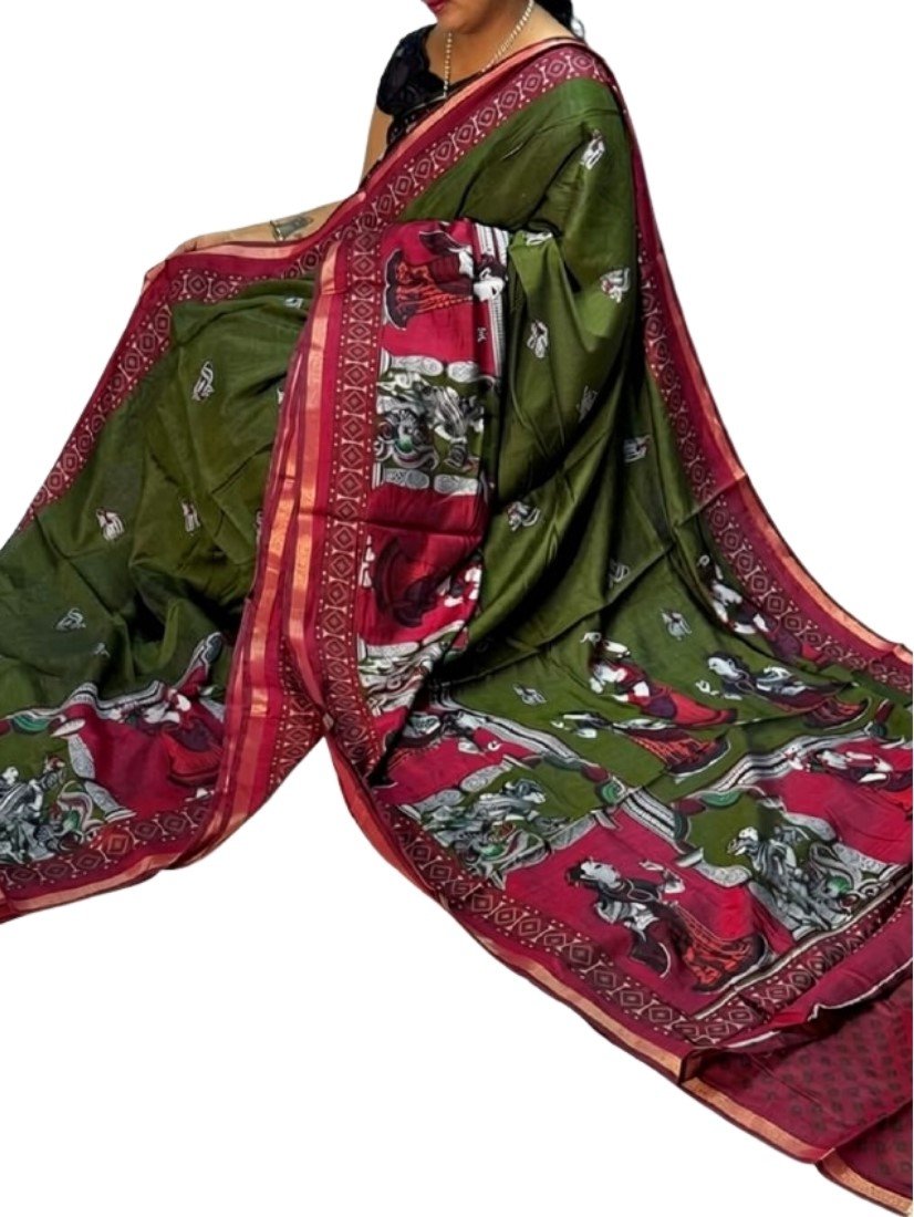 Generic Women's Linen Kalamkari Printed Saree With Unstitched Blouse - 5.5 Mtr (Olive Green-Maroon) - Image 2