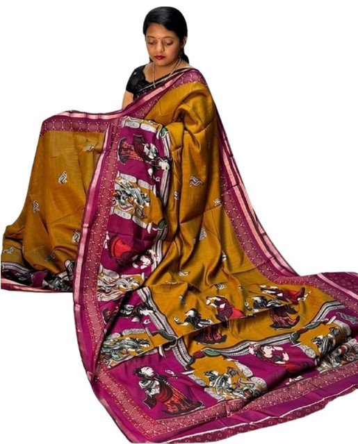 Generic Women's Linen Kalamkari Printed Saree With Unstitched Blouse - 5.5 Mtr (Mustard Yellow-Magenta) - Image 2