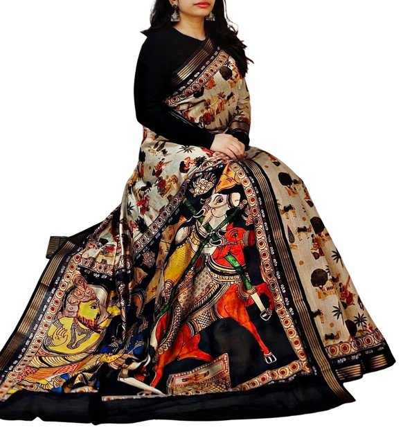 Generic Women's Linen Kalamkari Printed Saree With Unstitched Blouse - 5.5 Mtr (Multicolor) - Image 2