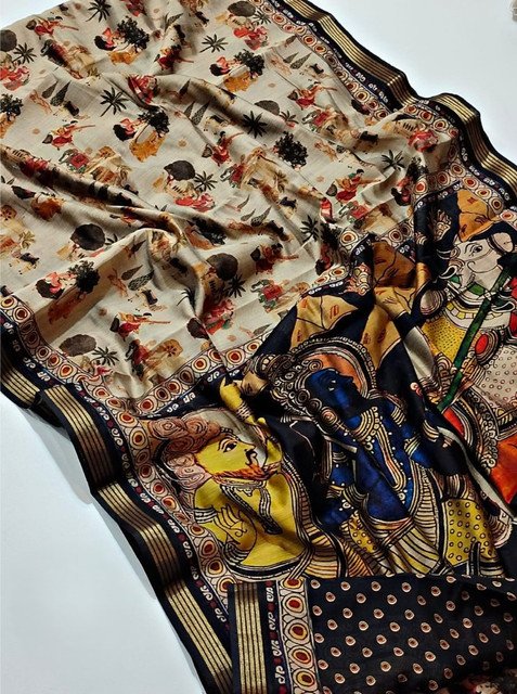 Generic Women's Linen Kalamkari Printed Saree With Unstitched Blouse - 5.5 Mtr (Multicolor) - Image 3