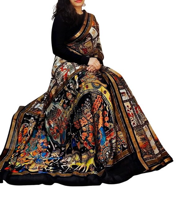 Generic Women's Linen Kalamkari Printed Saree With Unstitched Blouse - 5.5 Mtr (Multicolor) - Image 2