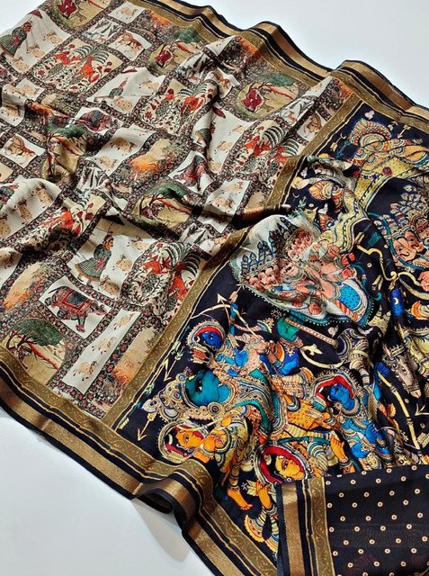 Generic Women's Linen Kalamkari Printed Saree With Unstitched Blouse - 5.5 Mtr (Multicolor) - Image 3
