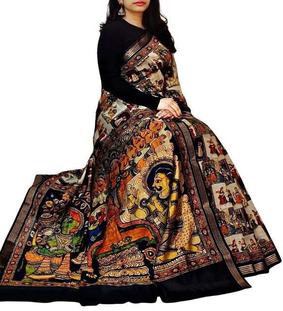 Generic Women's Linen Kalamkari Printed Saree With Unstitched Blouse - 5.5 Mtr (Multicolor) - Image 2