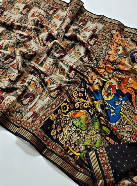 Generic Women's Linen Kalamkari Printed Saree With Unstitched Blouse - 5.5 Mtr (Multicolor) - Image 3