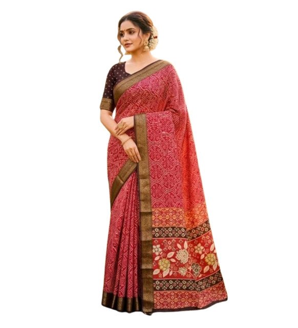 Generic Women's Linen Floral Printed Saree With Unstitched Blouse - 5.5 Mtr (Red) - Image 2
