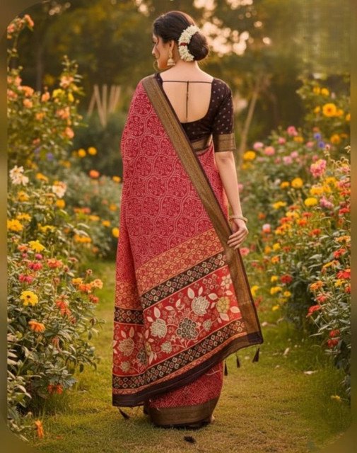 Generic Women's Linen Floral Printed Saree With Unstitched Blouse - 5.5 Mtr (Red) - Image 3