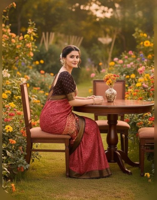 Generic Women's Linen Floral Printed Saree With Unstitched Blouse - 5.5 Mtr (Red) - Image 4