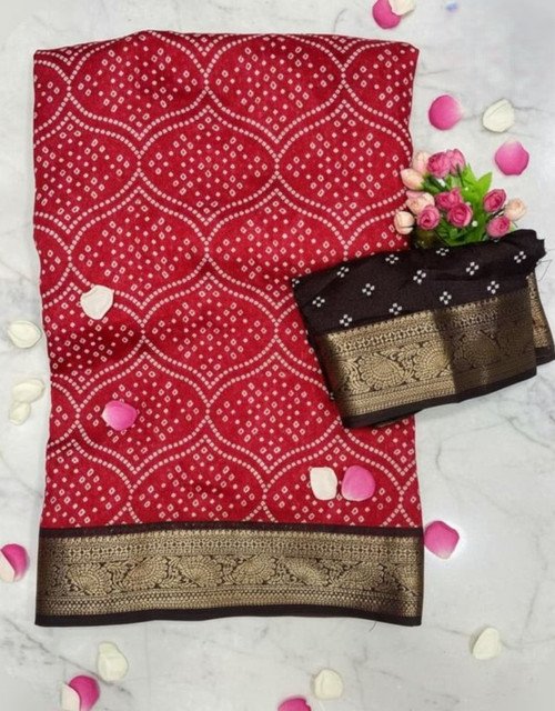 Generic Women's Linen Floral Printed Saree With Unstitched Blouse - 5.5 Mtr (Red) - Image 5
