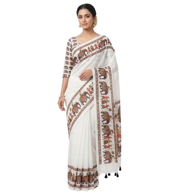 Generic Women's Linen Kalamkari Saree With Unstitched Blouse - 5.5 Mtr (White) - Image 2