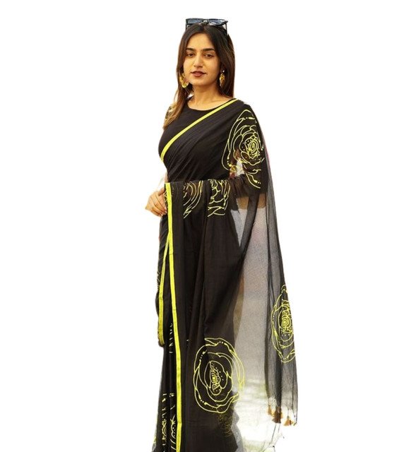 Generic Women's Linen Floral Printed Saree With Unstitched Blouse - 5.5 Mtr (Black) - Image 2