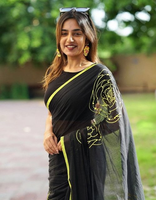 Generic Women's Linen Floral Printed Saree With Unstitched Blouse - 5.5 Mtr (Black) - Image 3