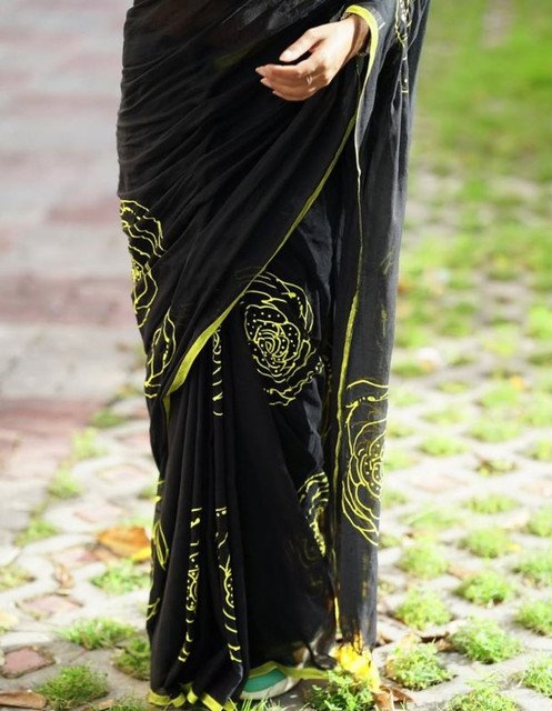 Generic Women's Linen Floral Printed Saree With Unstitched Blouse - 5.5 Mtr (Black) - Image 4