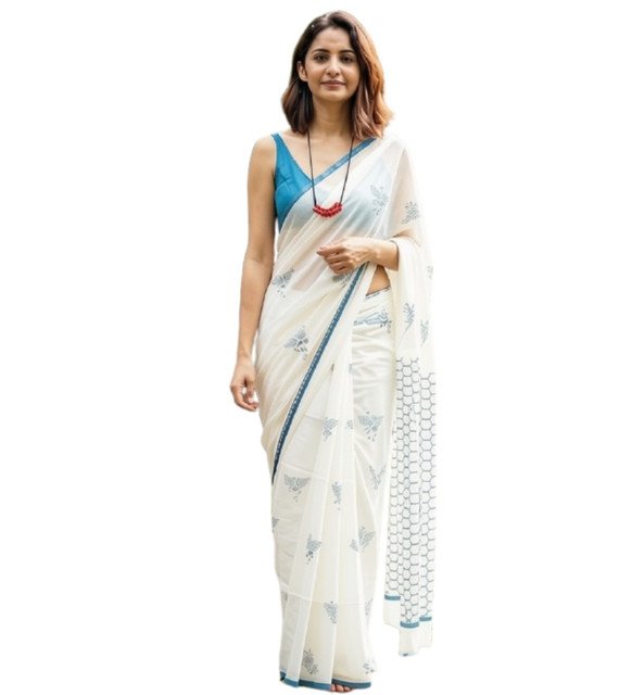 Generic Women's Linen Printed Saree With Unstitched Blouse - 5.5 Mtr (White-Blue) - Image 2