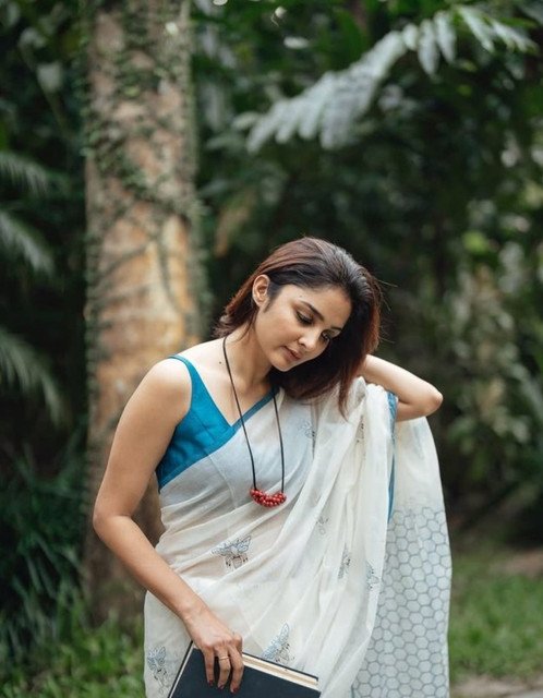 Generic Women's Linen Printed Saree With Unstitched Blouse - 5.5 Mtr (White-Blue) - Image 3