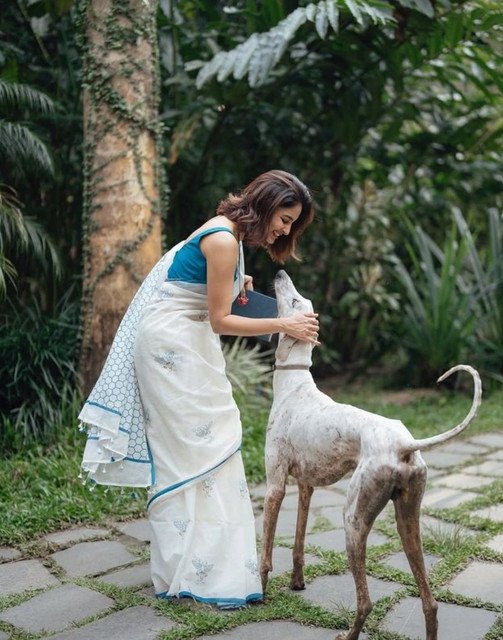 Generic Women's Linen Printed Saree With Unstitched Blouse - 5.5 Mtr (White-Blue) - Image 4