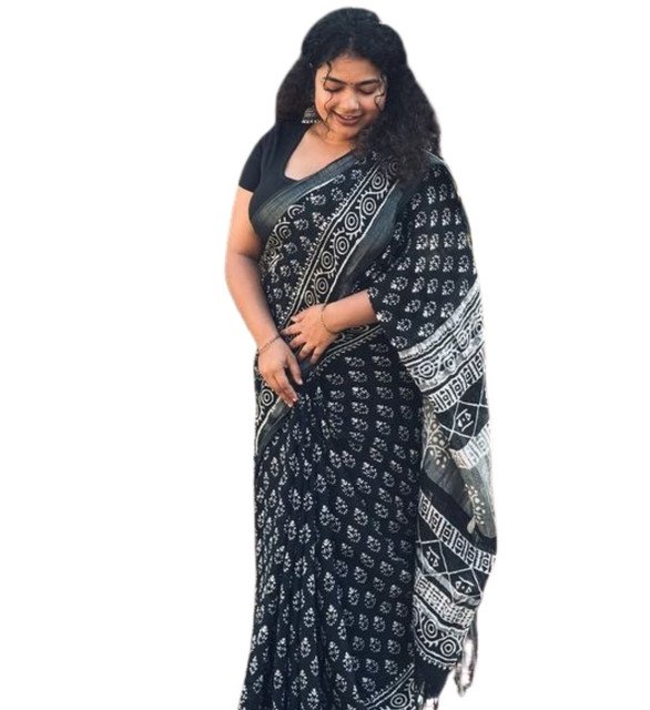 Generic Women's Linen Printed Saree With Unstitched Blouse - 5.5 Mtr (Black) - Image 2