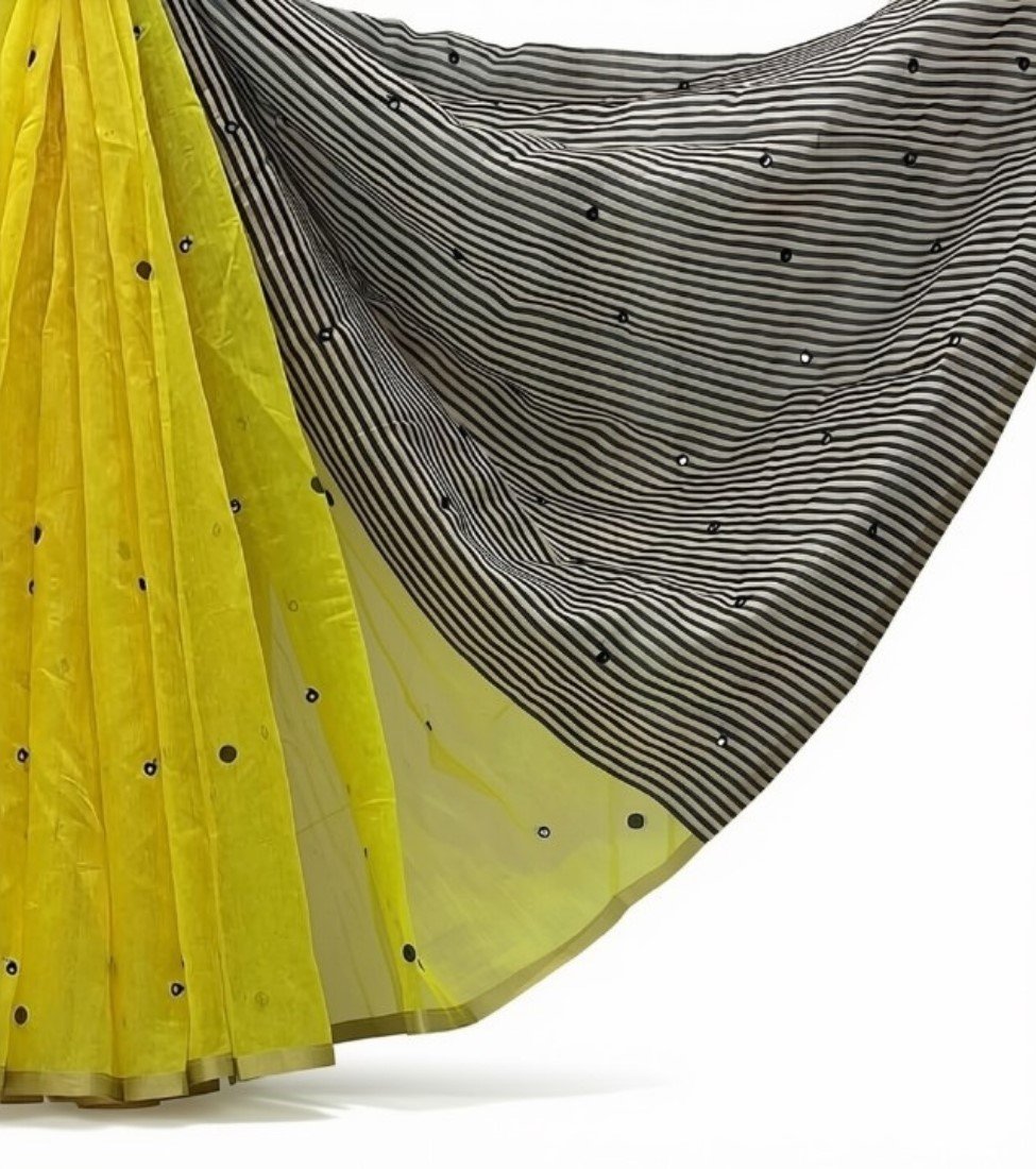 Generic Women's Linen Striped Saree With Unstitched Blouse - 5.5 Mtr (Lemon Yellow) - Image 2