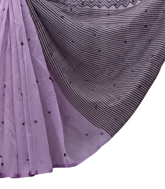 Generic Women's Linen Striped Saree With Unstitched Blouse - 5.5 Mtr (Purple) - Image 2
