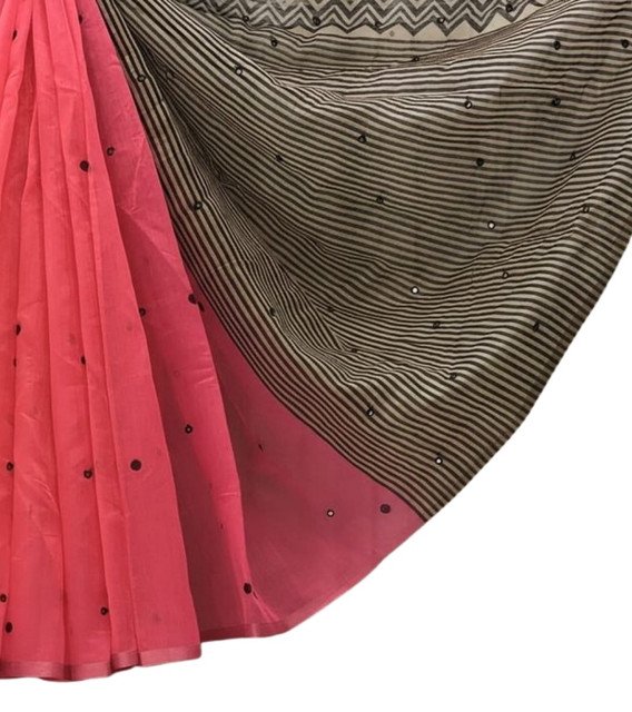 Generic Women's Linen Striped Saree With Unstitched Blouse - 5.5 Mtr (Pink) - Image 2