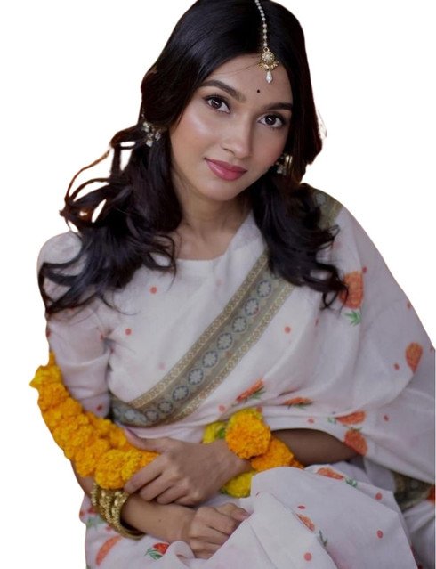 Generic Women's Linen Floral Printed Saree With Unstitched Blouse - 5.5 Mtr (White-Orange) - Image 2