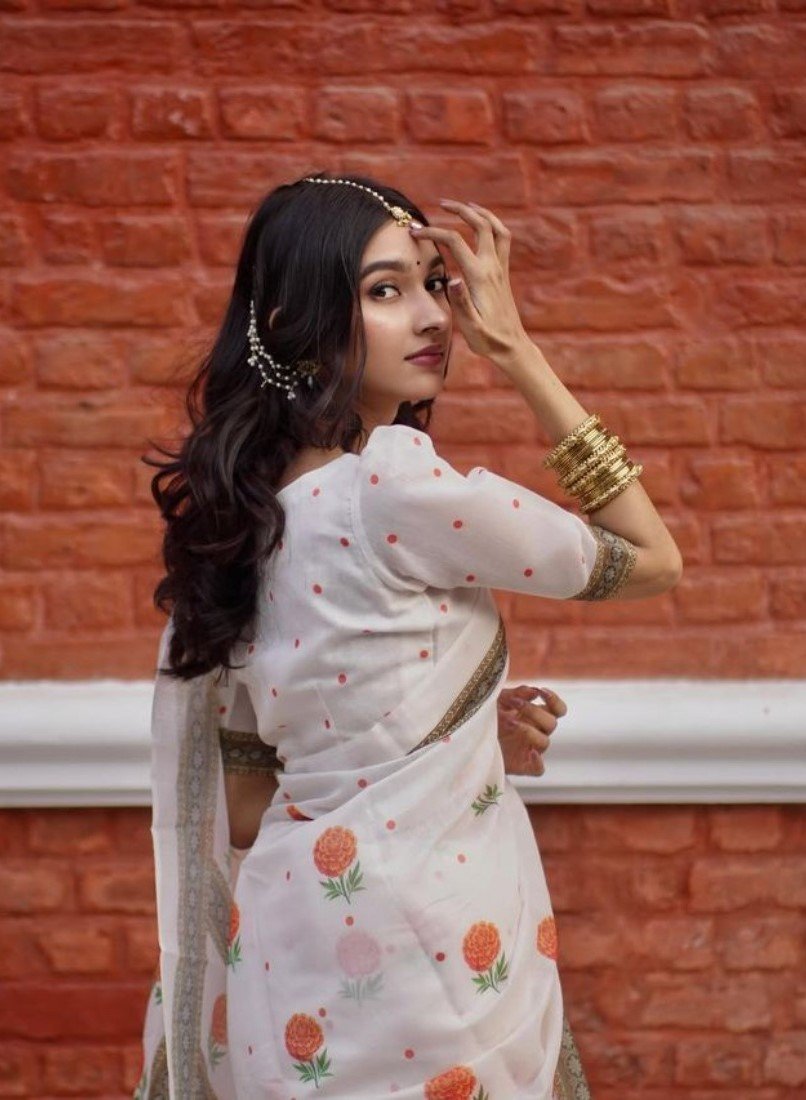 Generic Women's Linen Floral Printed Saree With Unstitched Blouse - 5.5 Mtr (White-Orange) - Image 4
